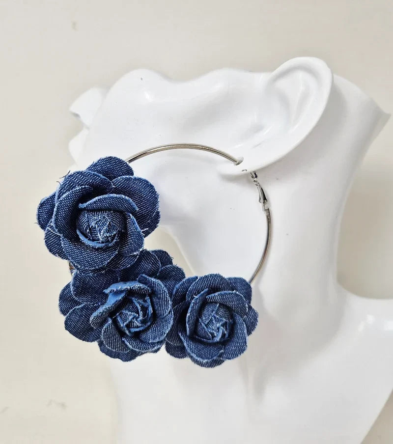 Denim Rose Hoop Earrings